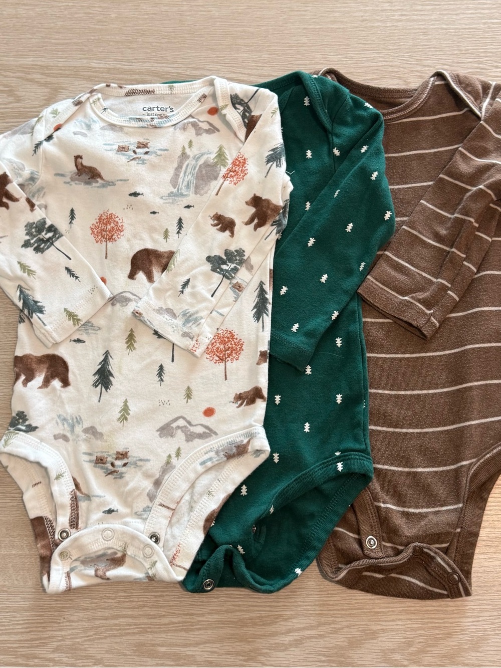 Carter's Woodland Print & Solid One-Piece Bodysuit Set - Cream, Green, Brown